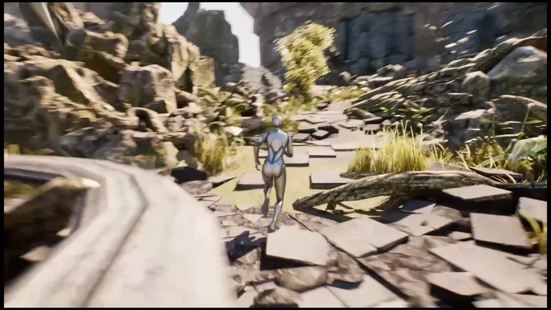 A silver mannequin running along a rocky path in a ruined courtyard