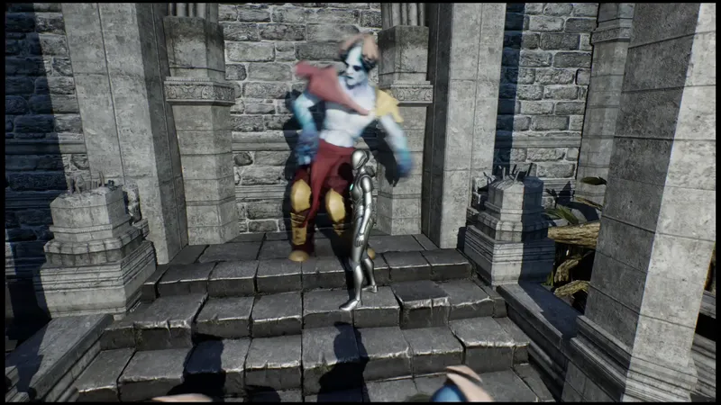 A character in armor and red cloth standing in a stone doorway