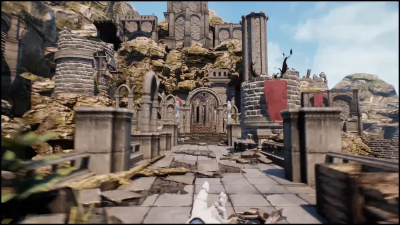 A first-person view down a ruined courtyard toward a large arched doorway