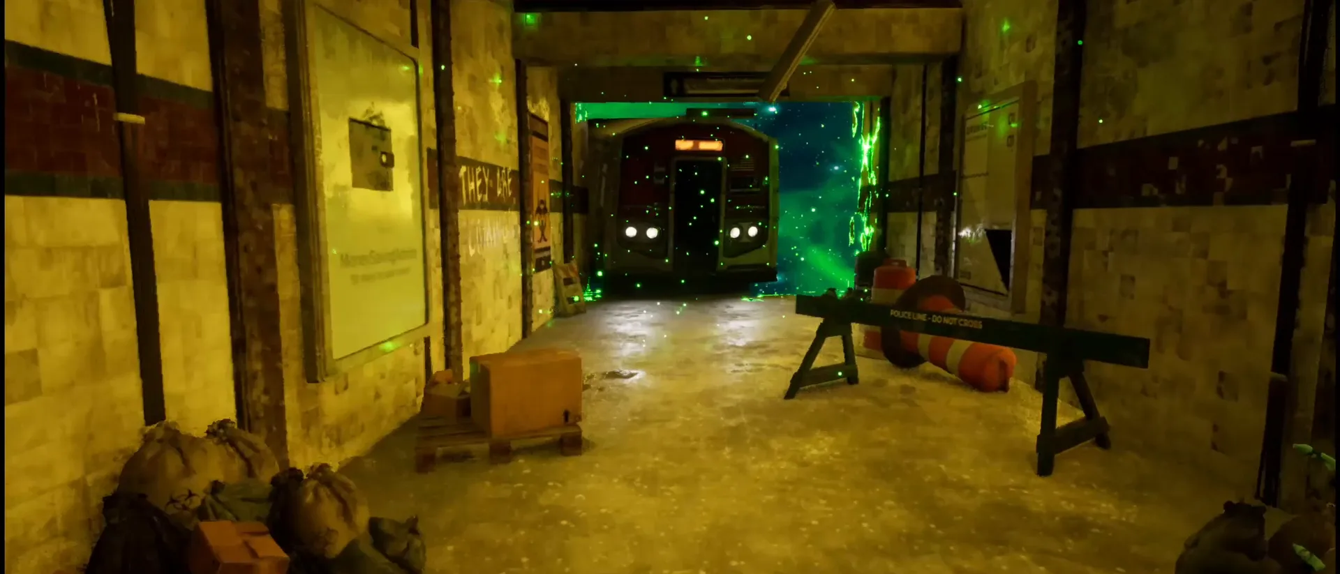 A green magic portal glowing at the end of a dim subway tunnel with a train visible inside it