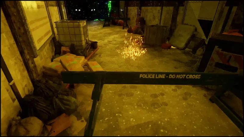 Orange sparks bursting from the floor of a dim subway station beside a police barrier