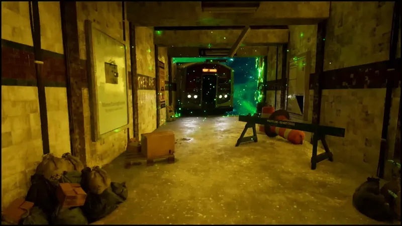 A green portal at the end of a subway tunnel with a train inside it