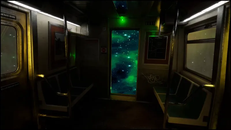 A subway car interior with a green nebula and stars visible through the open door