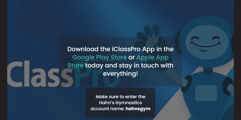 Hahn's Gymnastics section prompting visitors to download the iClassPro app and showing the gym's account name