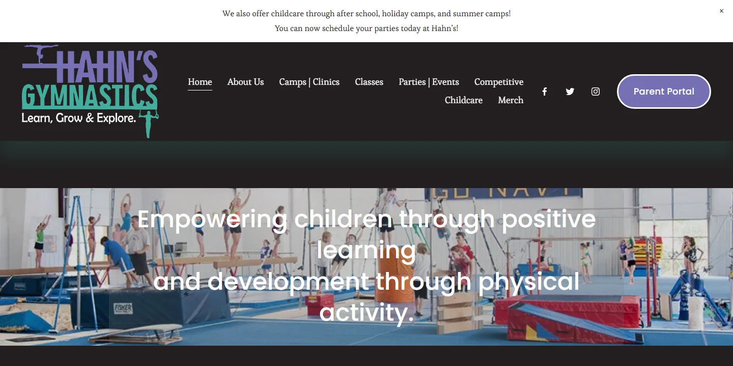 Homepage of the Hahn's Gymnastics website, showing the logo, navigation and a photo of the gym floor