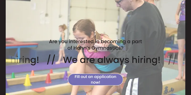 Hahn's Gymnastics hiring section with a photo of a coach helping a gymnast on a balance beam and a button to apply