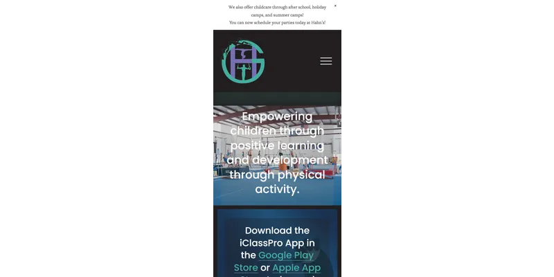 Hahn's Gymnastics homepage on a phone, with the logo, menu button and gym photo stacked in one column