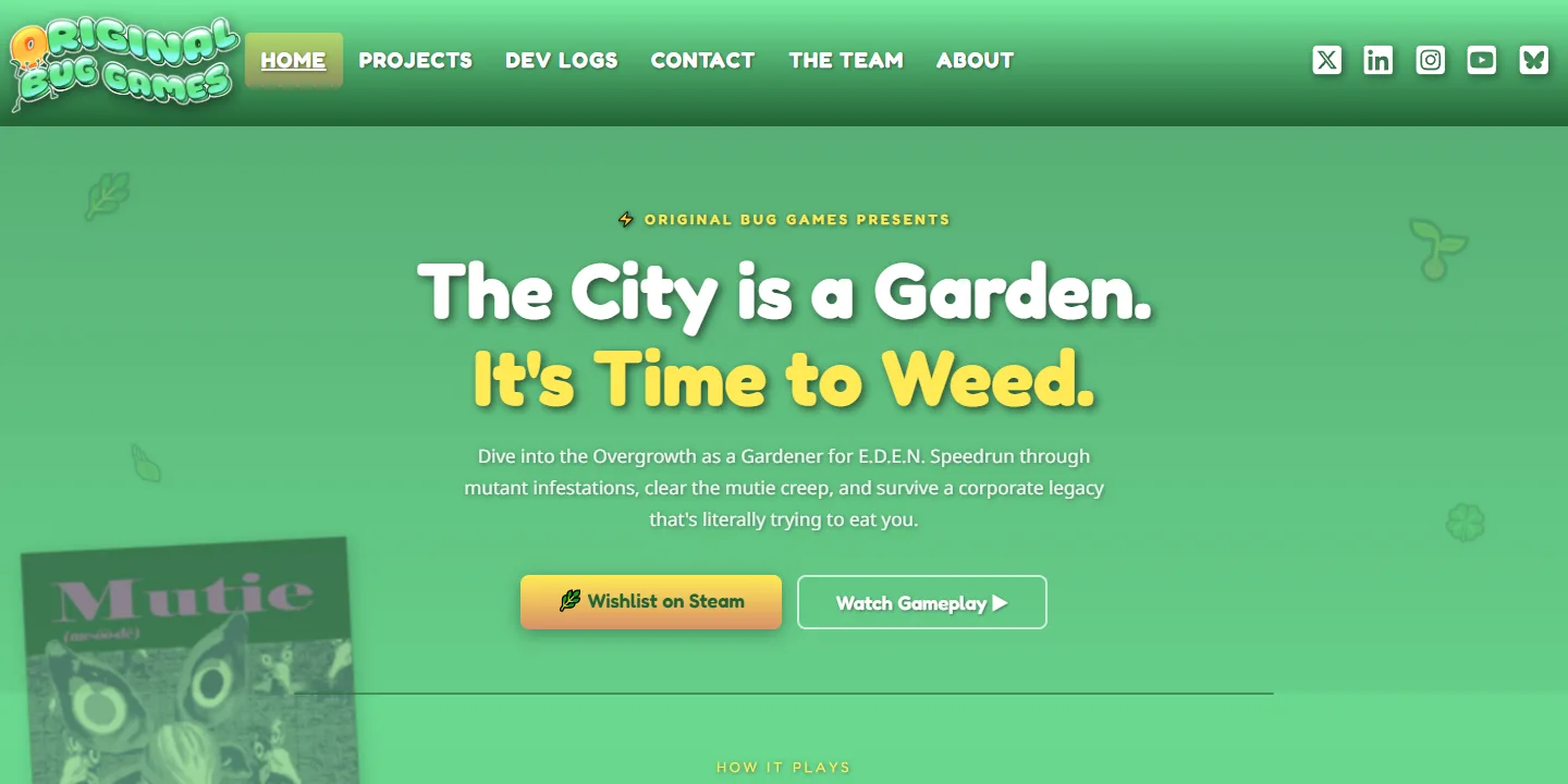Homepage of the Original Bug Games website, with the green bubble-letter logo, navigation, the headline 'The City is a Garden. It's Time to Weed.' and a Steam wishlist button