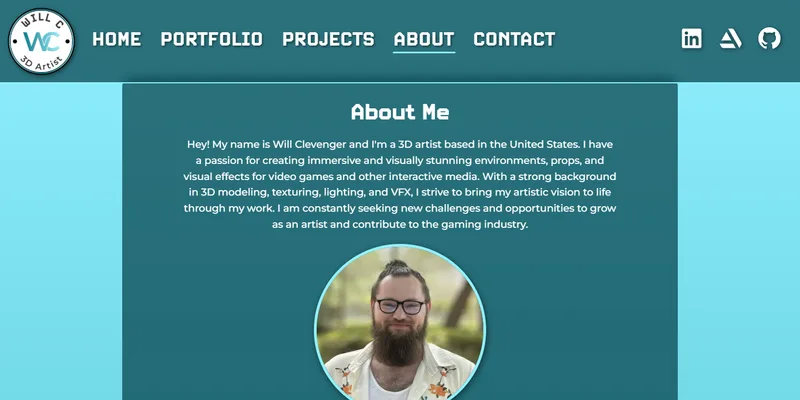 The About page of this portfolio with an introduction and headshot