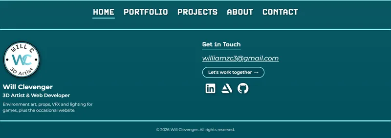 The bottom of the portfolio homepage showing the footer navigation, logo and contact links
