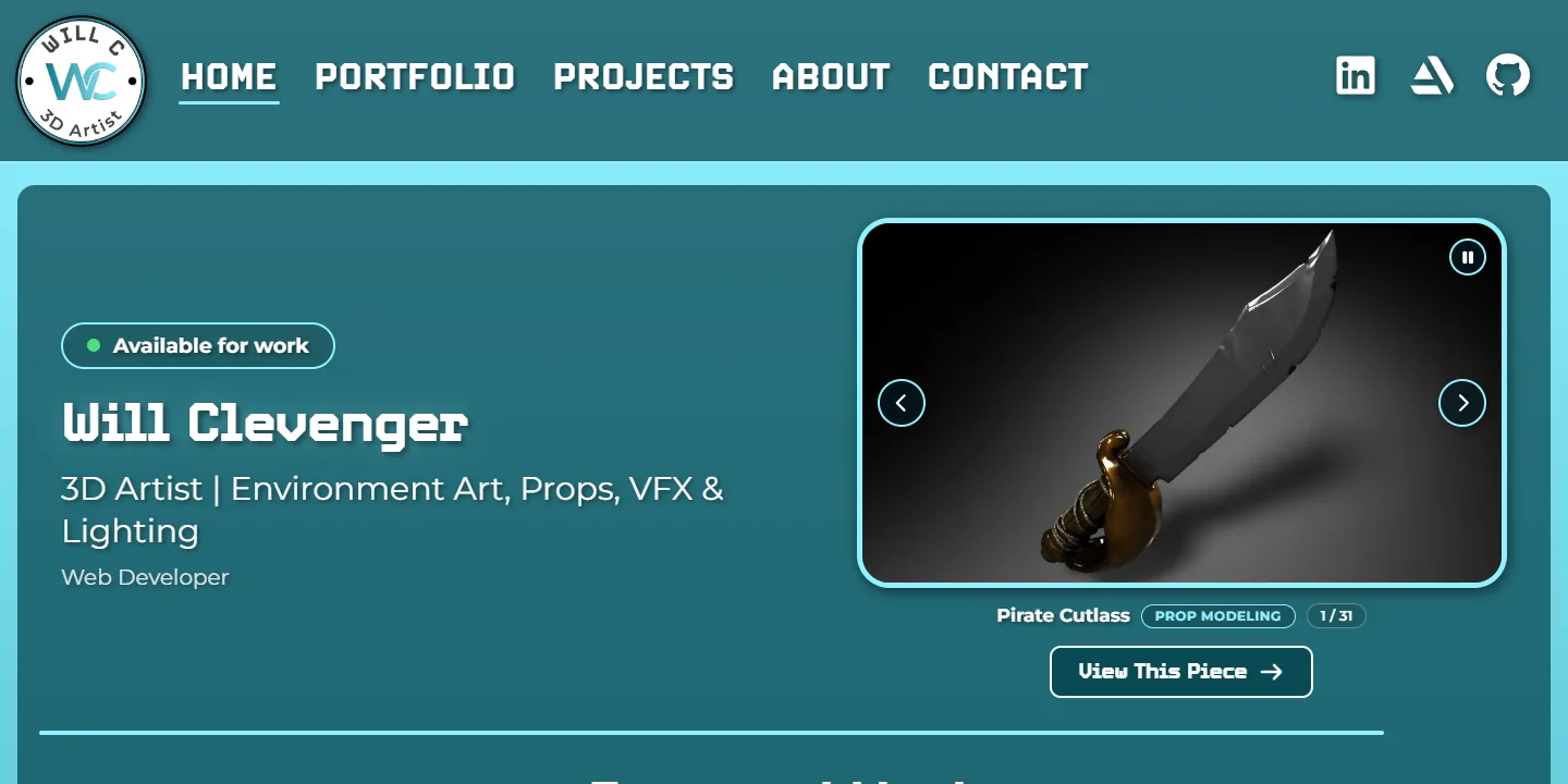Homepage of this portfolio site, with the WC logo, navigation, an Available for work badge, the tagline and a hero carousel showing the Pirate Cutlass render