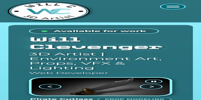 The portfolio homepage on a phone, with the logo, hamburger menu, Available for work badge, heading, tagline and the top of the hero carousel