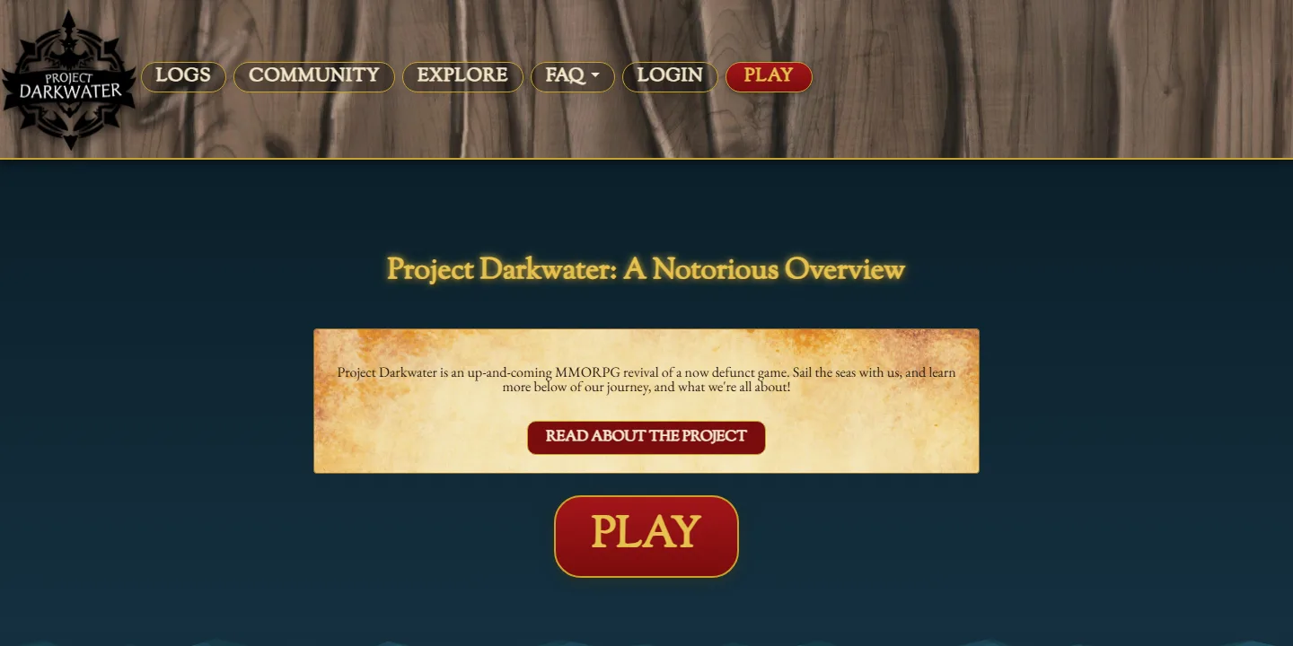 Homepage of the Project Darkwater website, with a carved wood header, gold headline, parchment overview card and a red Play button on a dark blue background