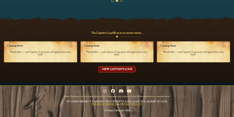 Project Darkwater Captain's Log section with three parchment news cards above a wood-textured footer with social icons