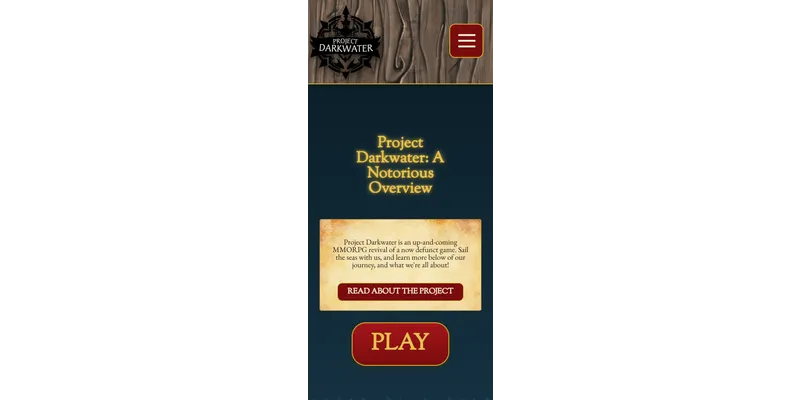 Project Darkwater homepage on a phone, with the logo and menu button over the wood header and the overview card and Play button below