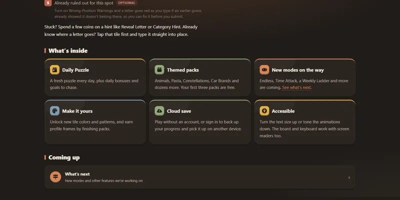 Well Versed 'What's inside' section with six feature cards, from Daily Puzzle to Accessible, and a link to what's coming next
