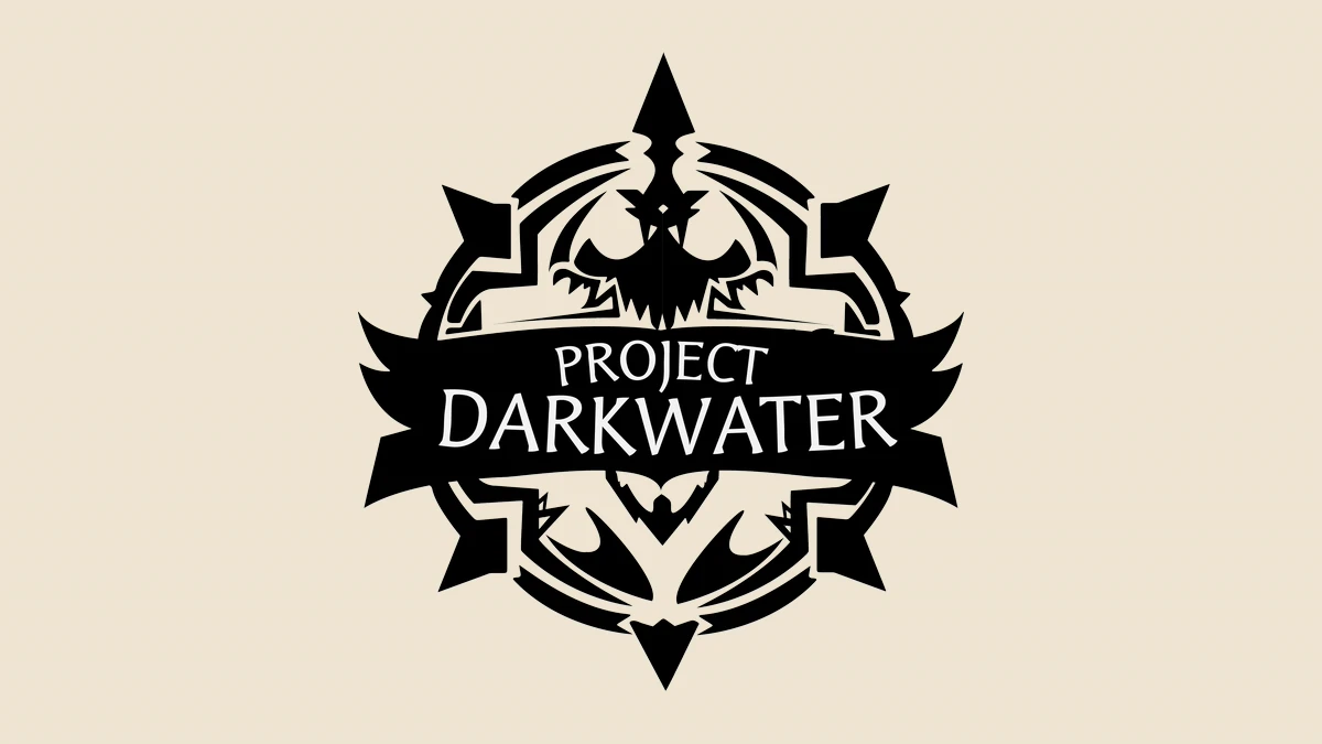 Project Darkwater logo, a black emblem with spikes, a winged crest and a banner reading PROJECT DARKWATER, on a parchment background