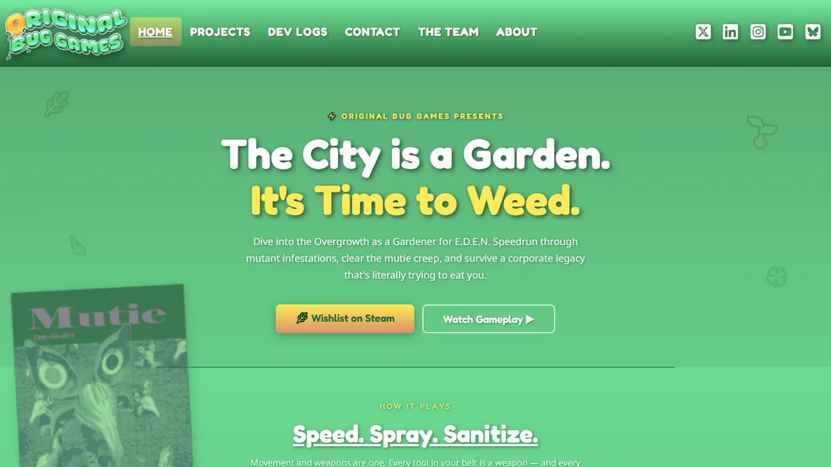 Homepage of the Original Bug Games website with the headline for Project Gardener, 'The City is a Garden. It's Time to Weed.'