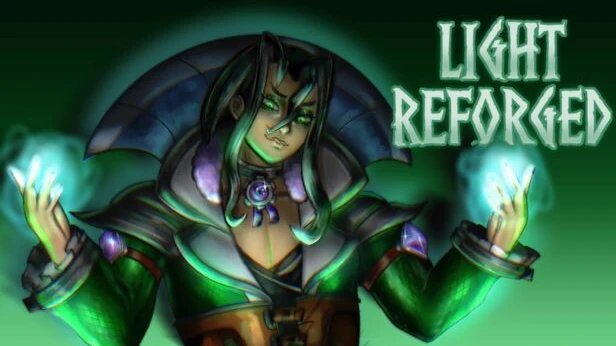 Light Reforged key art from the Steam page, Loki in a green cloak holding glowing magic in both hands beside the game's title