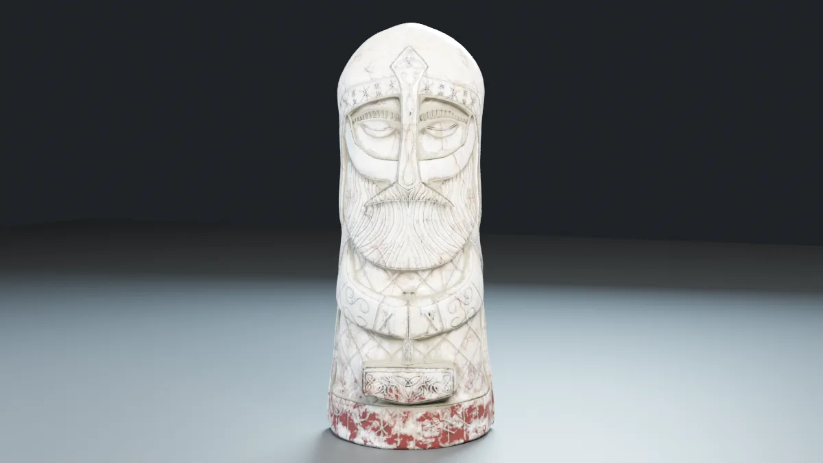 Render of the Thor Totem, a carved white stone bust of a bearded, helmeted Thor with a hammer at its base, made for Light Reforged