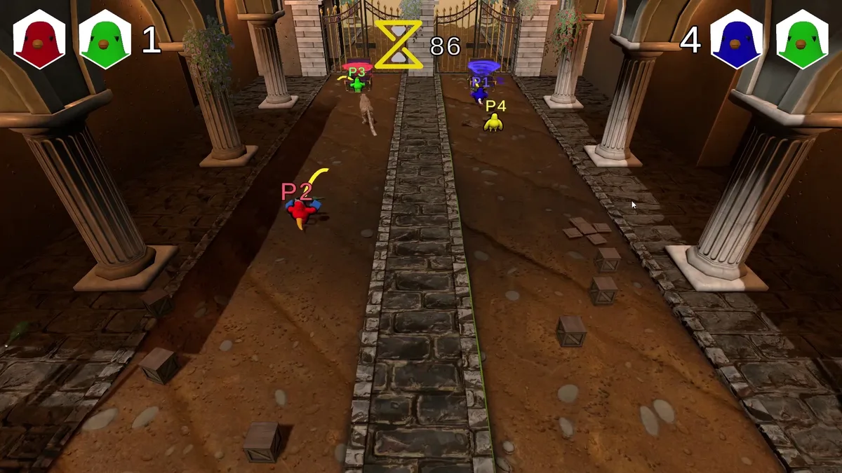 Leopard Tug minigame from Pandora's Party Box, players racing down a stone hall lined with columns